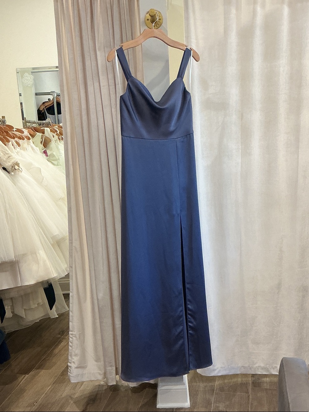 Satin Cowl Neck Navy Evening Dress